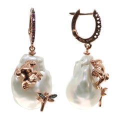 Freshwater Pearl Earrings with Glittering Frog and Dragonfly in 925 Pink Silver