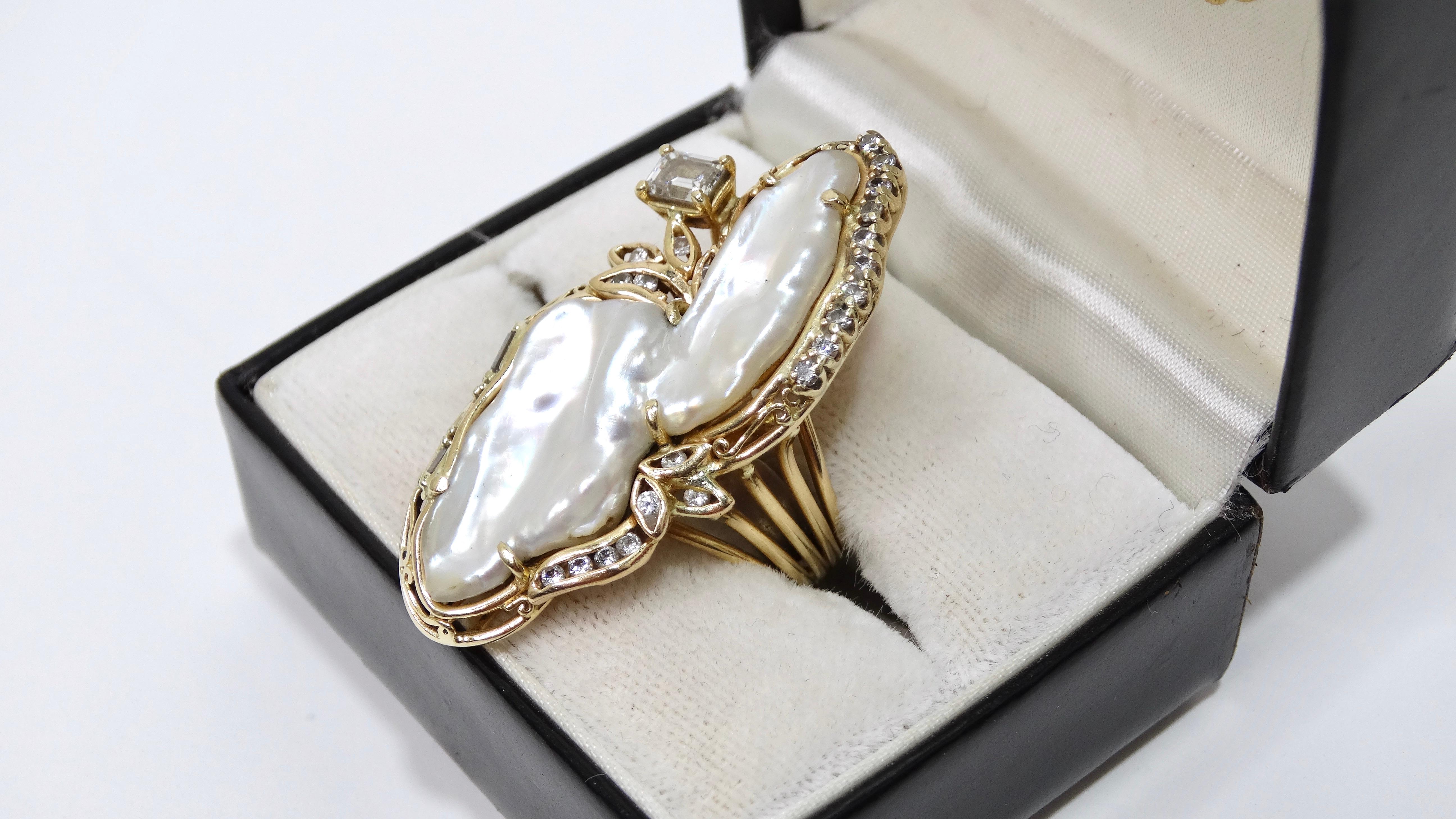 Emerald Cut Freshwater Pearl & Emerald Diamond Ring For Sale
