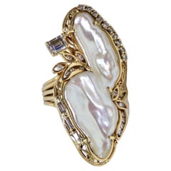 Vintage Freshwater Pearl & Emerald Diamond Ring
