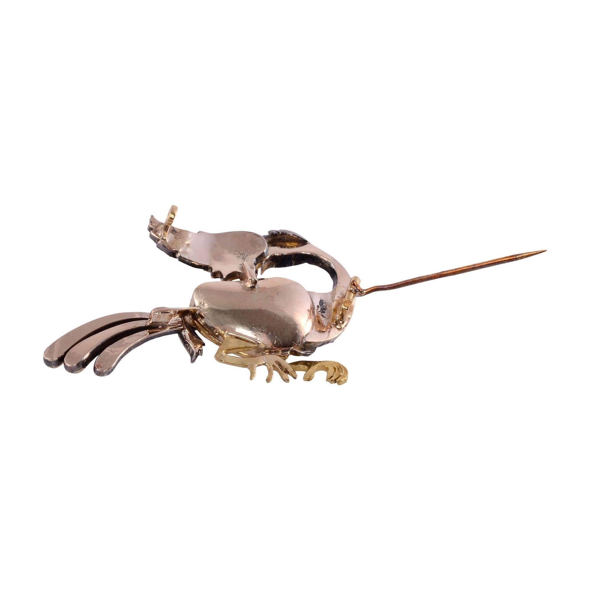 Round Cut Freshwater Pearl, Emerald, Pink Sapphire & Diamond Bird Brooch