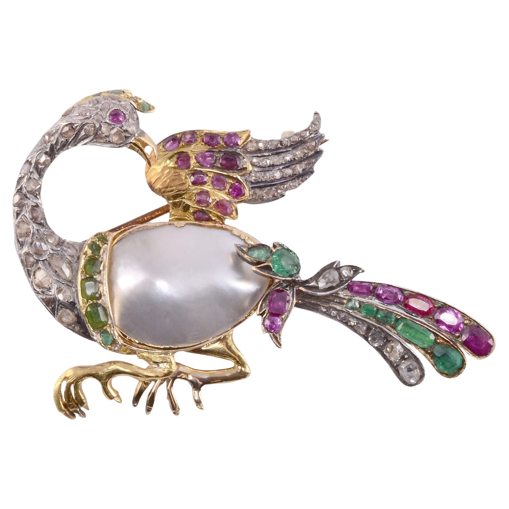 Freshwater Pearl, Emerald, Pink Sapphire & Diamond Bird Brooch
