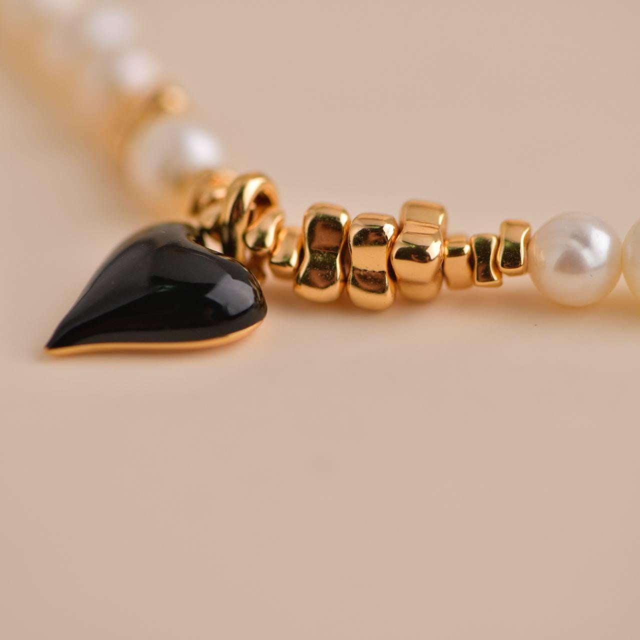 Bead Freshwater Pearl Gold Heart Charm Necklace For Sale