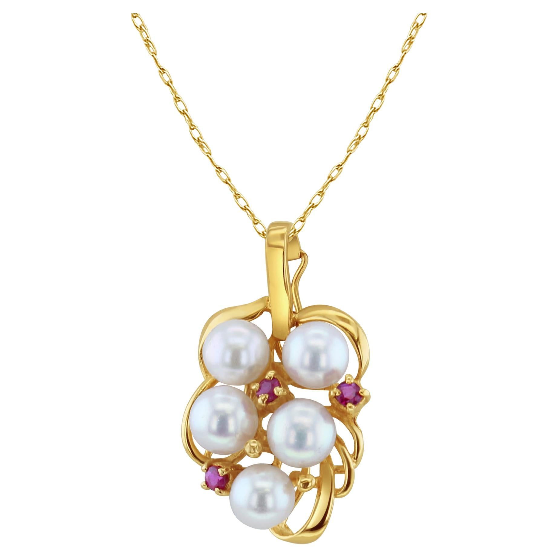 Freshwater Pearl Grape Cluster Necklace with Ruby Accents 14k Yellow Gold