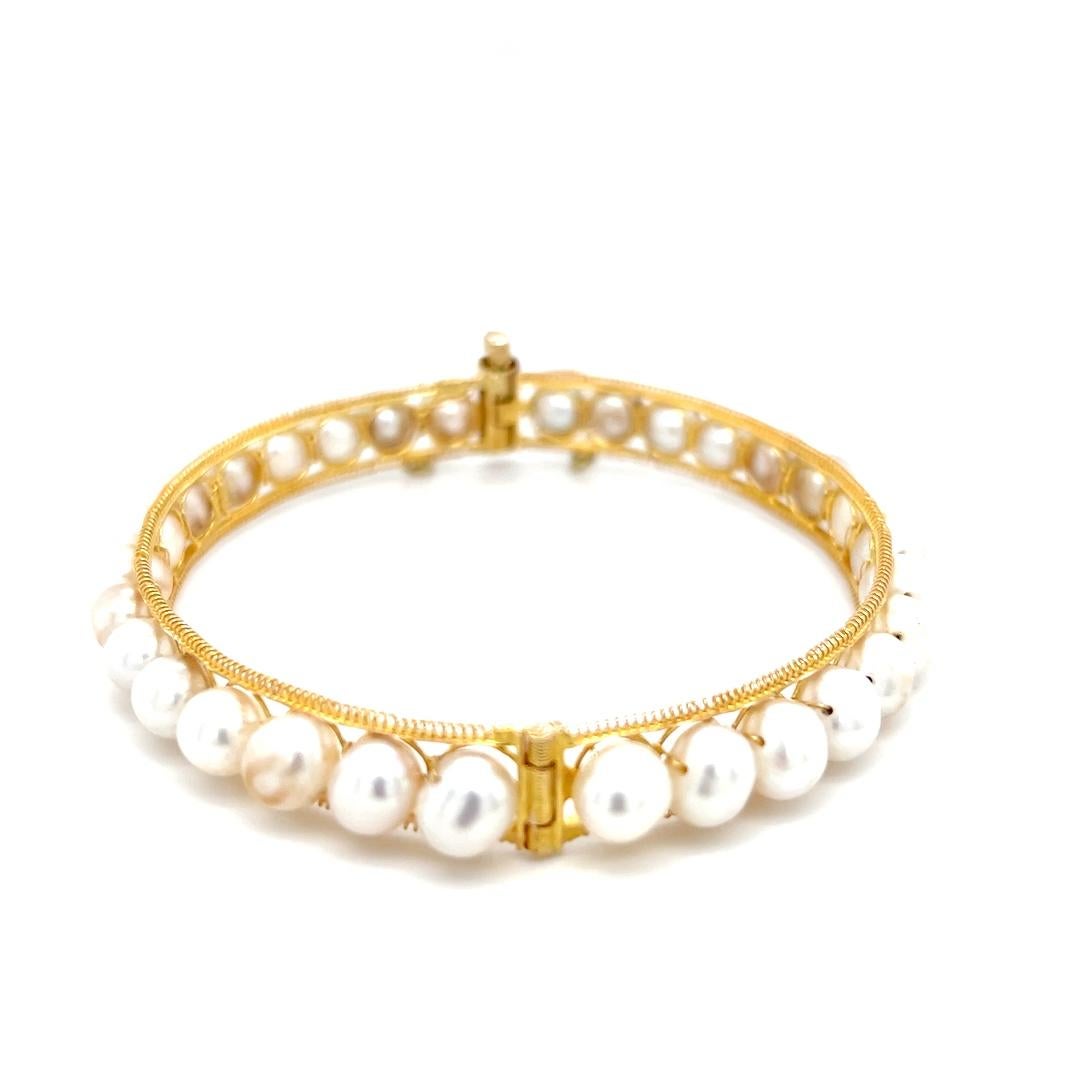 Contemporary Freshwater Pearl Hinged Bangle Bracelet in 14K Yellow Gold  For Sale