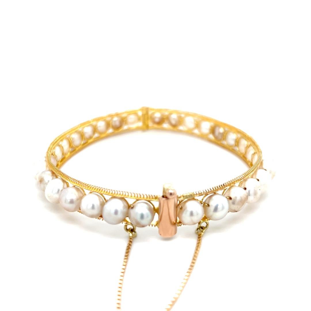 Round Cut Freshwater Pearl Hinged Bangle Bracelet in 14K Yellow Gold  For Sale