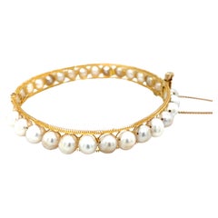Vintage Freshwater Pearl Hinged Bangle Bracelet in 14K Yellow Gold 