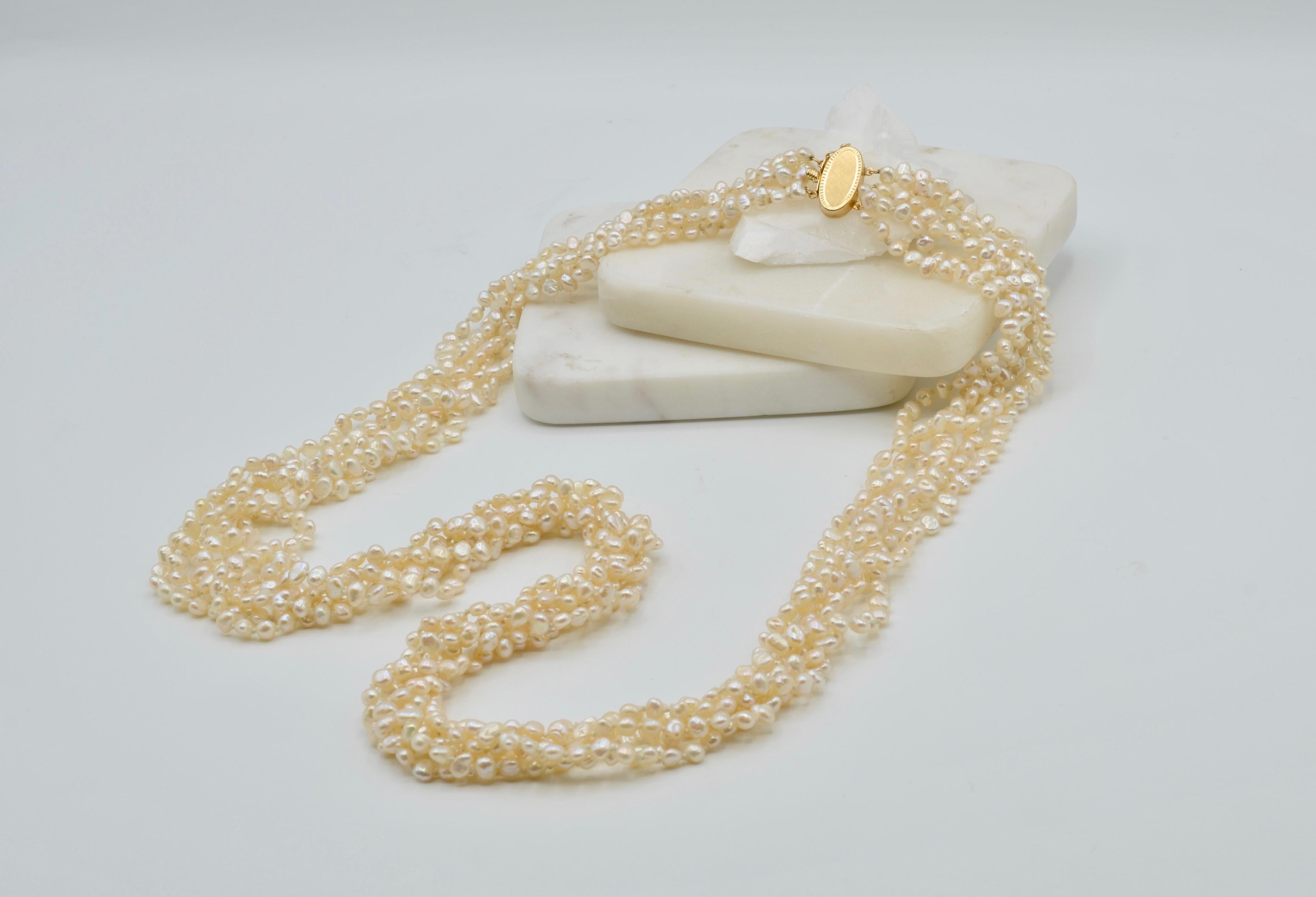 Modernist Freshwater Pearl Long Multistrand Necklace with 14 Karat Clasp