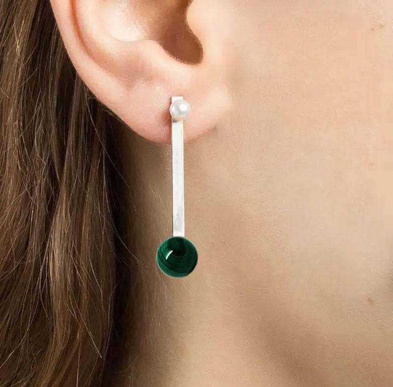 Round Cut Freshwater Pearl Malachite Sterling Silver Long Bar Earrings  For Sale