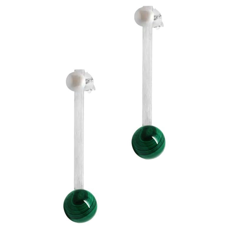 Freshwater Pearl Malachite Sterling Silver Long Bar Earrings  For Sale