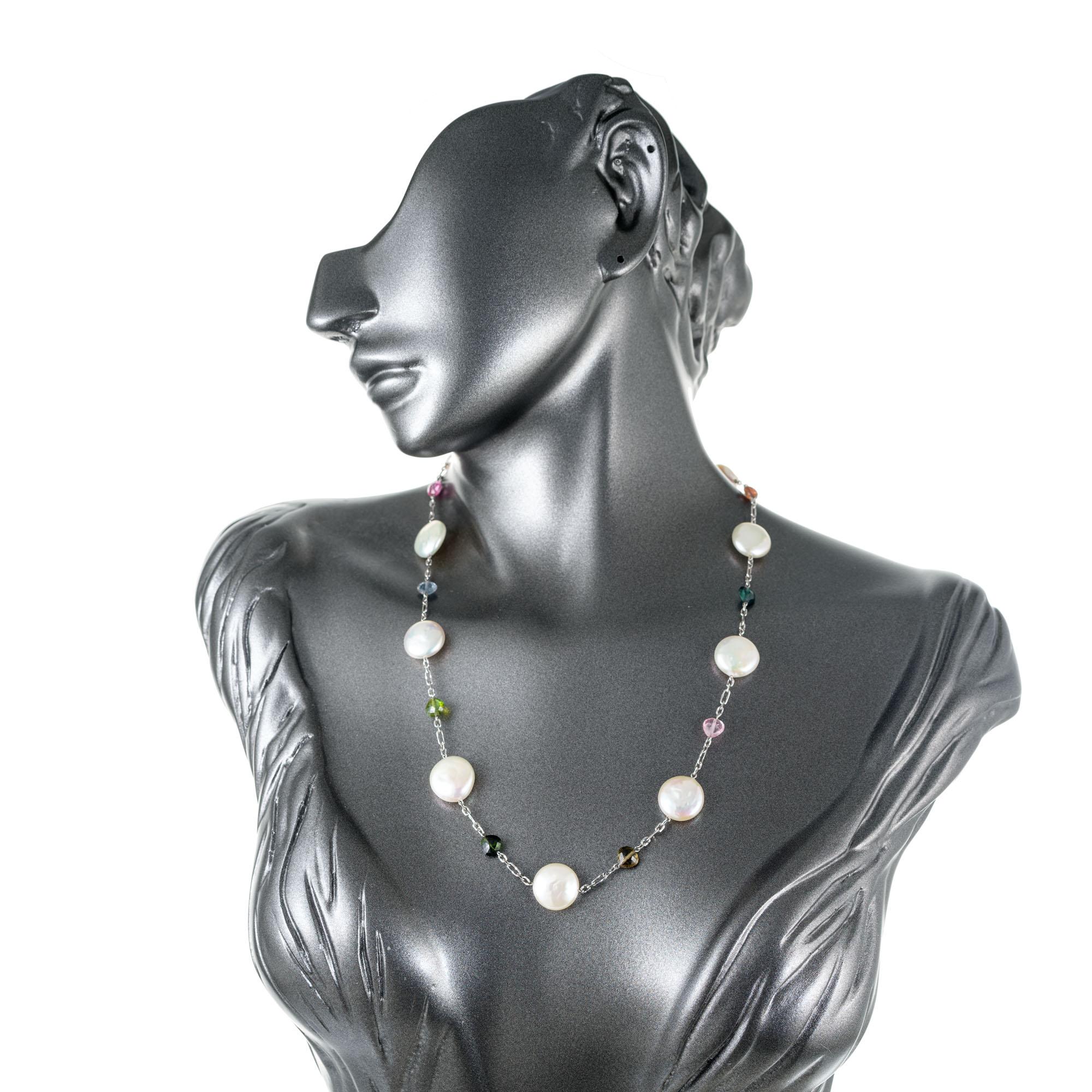 Freshwater Pearl Multi-Color Tourmaline Gold Link Necklace In Excellent Condition For Sale In Stamford, CT