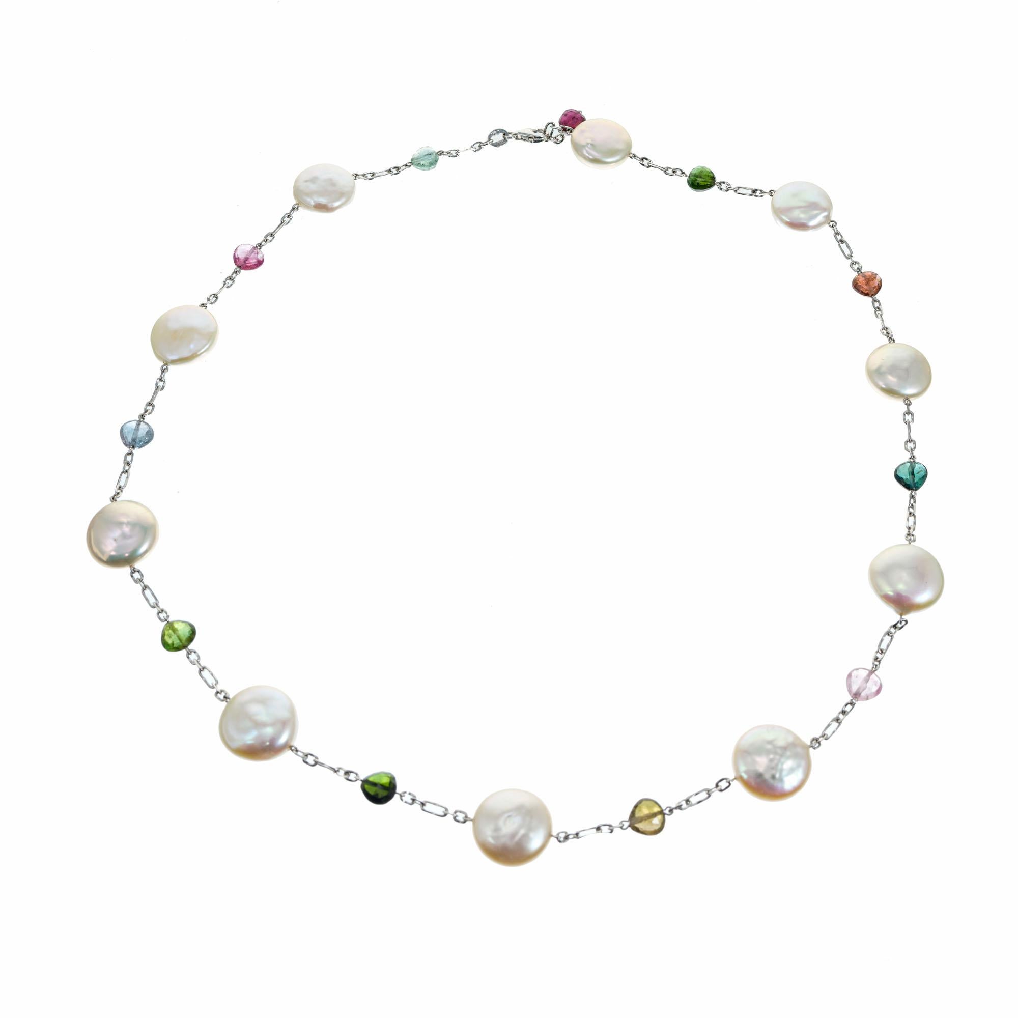 Freshwater Pearl Multi-Color Tourmaline Gold Link Necklace
