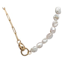 Freshwater Pearl Necklace 14K Yellow Gold Paperclip Chain Panther Pendant R4017