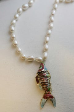 Freshwater Pearl Necklace with Cloisonné Fish Pendant, 22.5 Inches