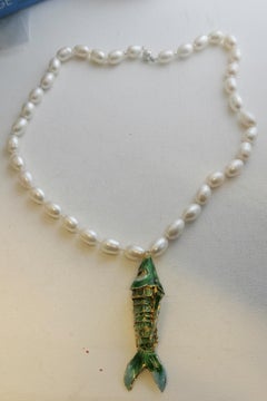 Freshwater Pearl Necklace with Green Cloisonné Fish Pendant, 23 Inches