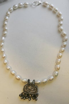 Freshwater Pearl Necklace with  Indian  Pendant, 21 Inches