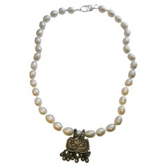 Freshwater Pearl Necklace with  Indian  Pendant, 21 Inches