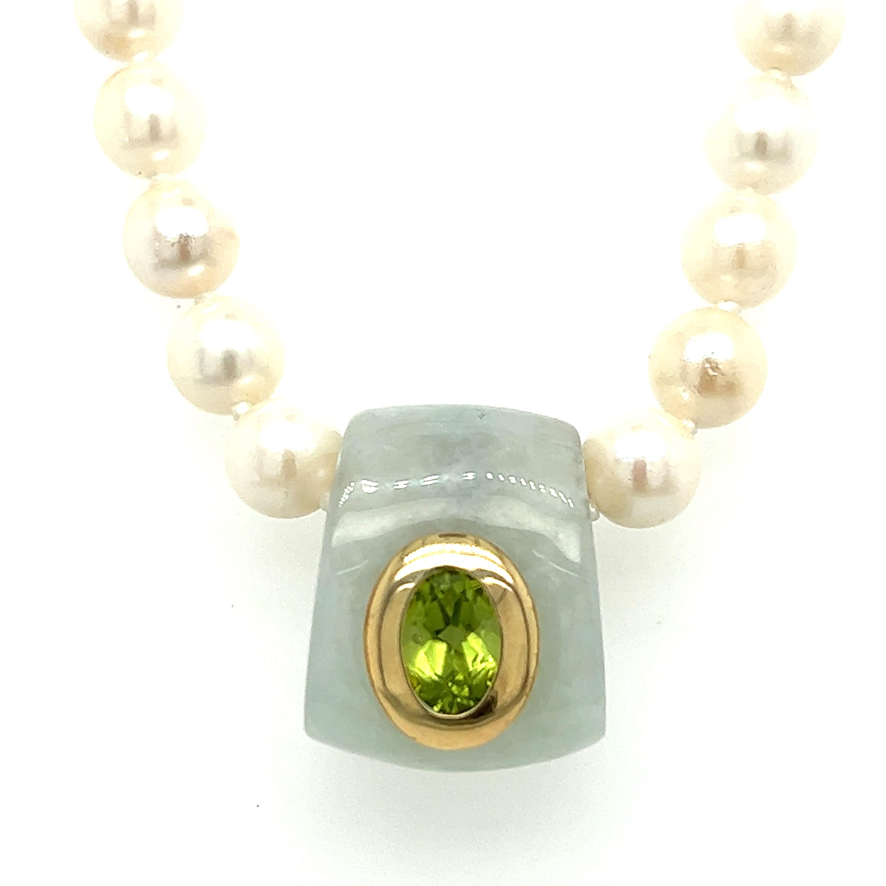 Contemporary Freshwater Pearl Necklace with Jade and Peridot Slide in 14k Gold