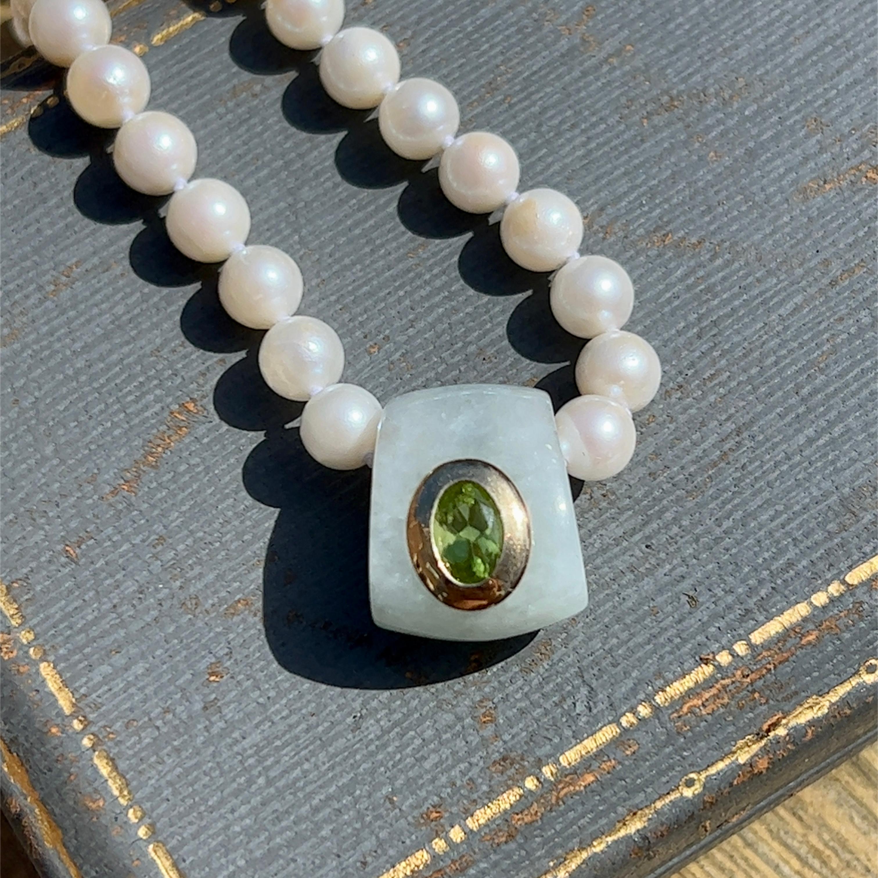 Round Cut Freshwater Pearl Necklace with Jade and Peridot Slide in 14k Gold