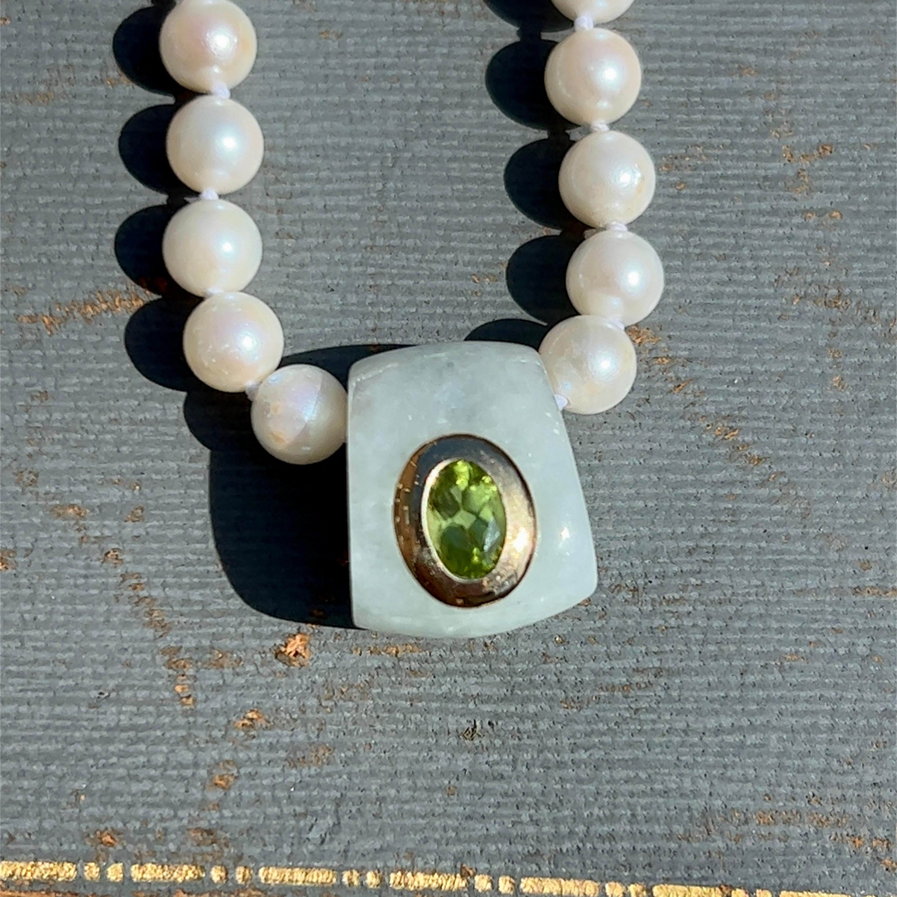 Women's Freshwater Pearl Necklace with Jade and Peridot Slide in 14k Gold