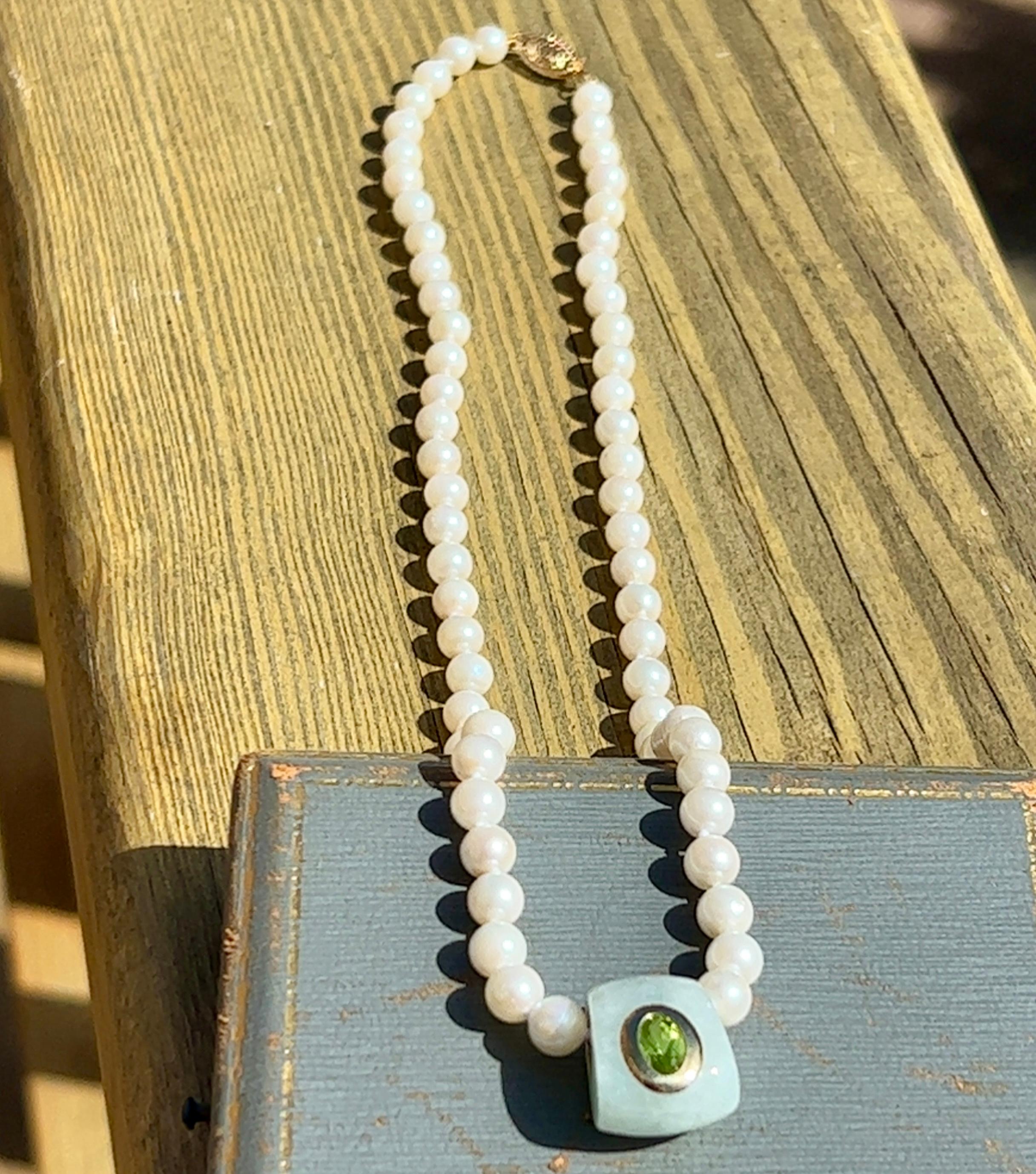 Freshwater Pearl Necklace with Jade and Peridot Slide in 14k Gold 1