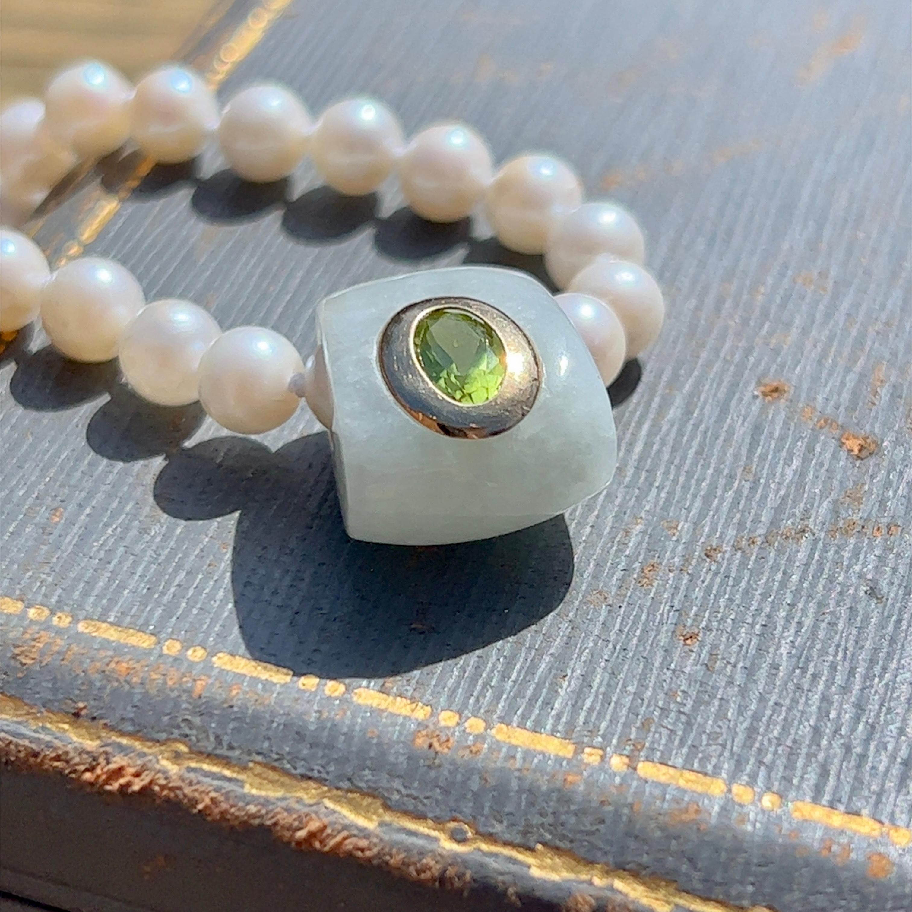 Freshwater Pearl Necklace with Jade and Peridot Slide in 14k Gold 2