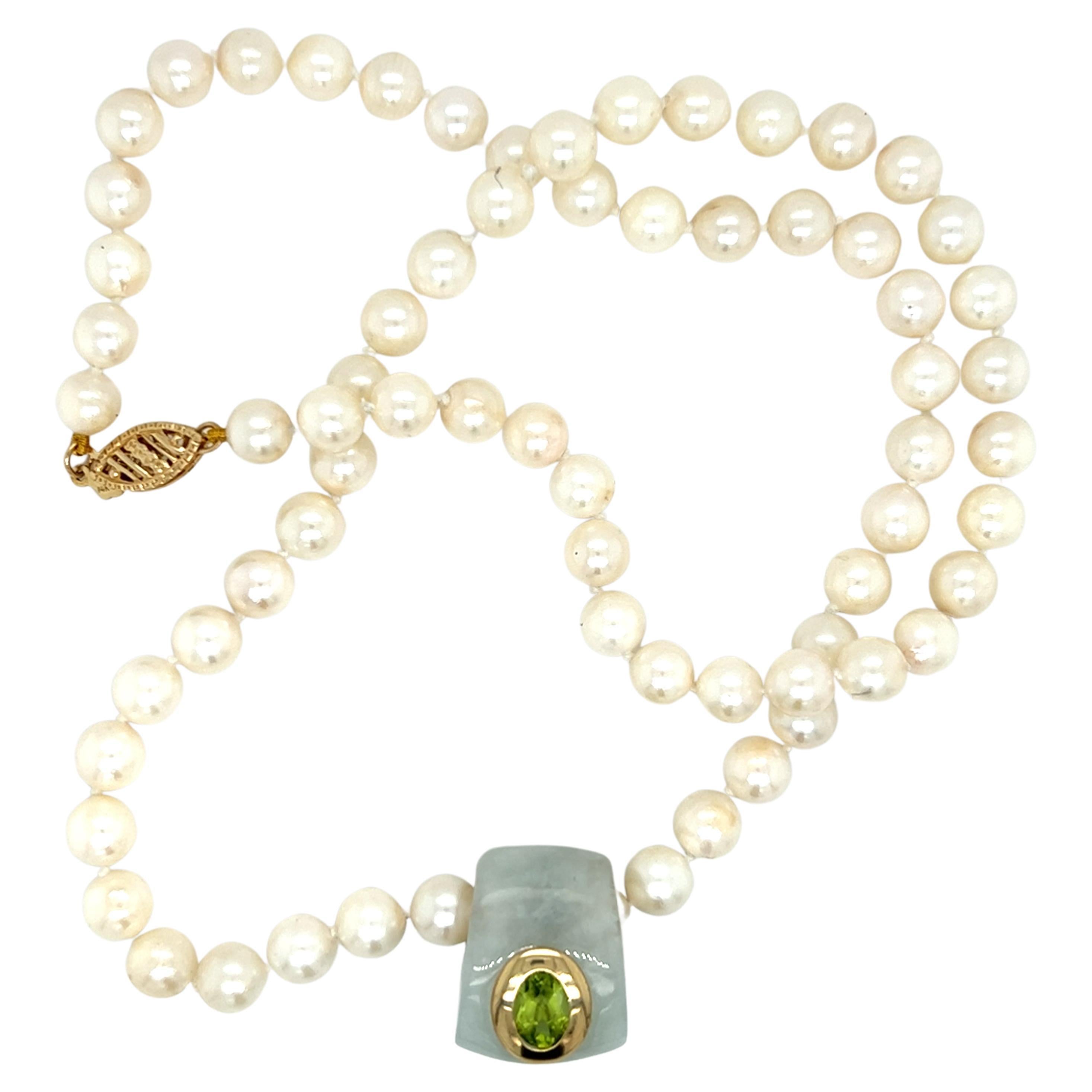 Freshwater Pearl Necklace with Jade and Peridot Slide in 14k Gold