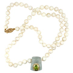 Vintage Freshwater Pearl Necklace with Jade and Peridot Slide in 14k Gold
