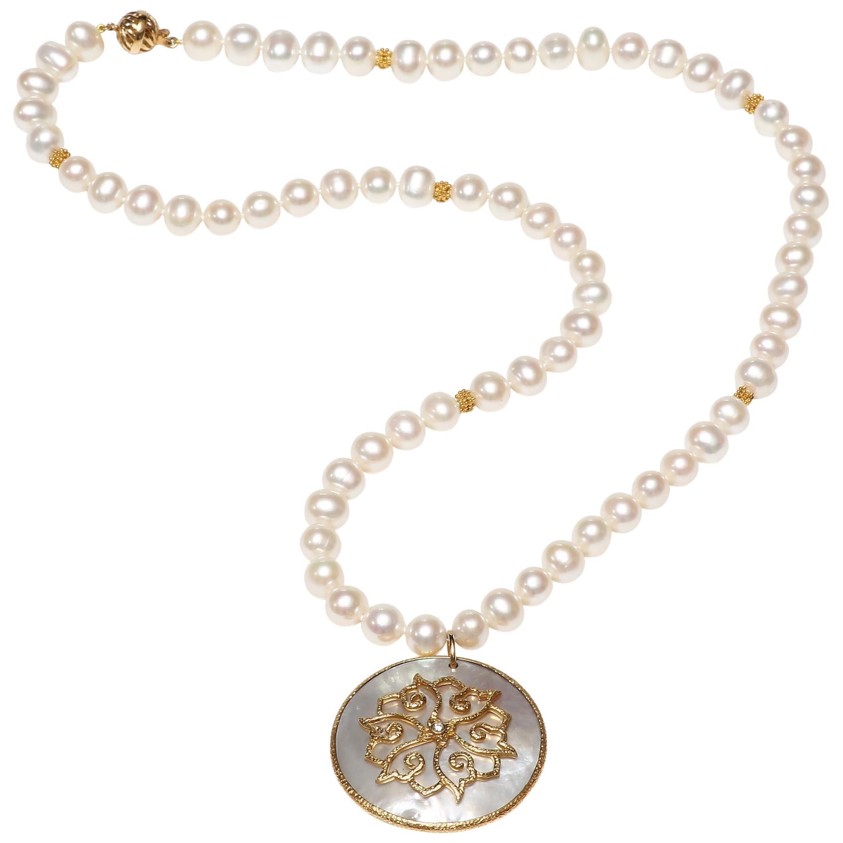 Freshwater Pearl Necklace with Lotus motif of Gold on Mother of Pearl Pedant For Sale