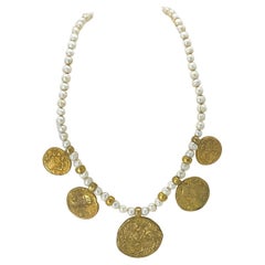 Freshwater Pearl Necklace with Roman Coin Charms