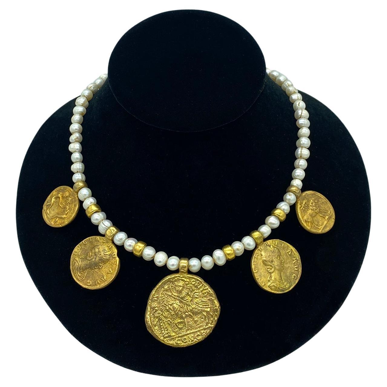 Artisan Freshwater Pearl Necklace with Roman Coin Charms For Sale