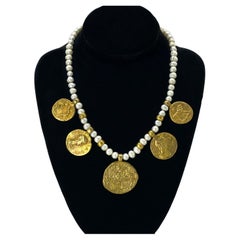 Artisan Freshwater Pearl Necklace with Gilt Roman Coin Charms