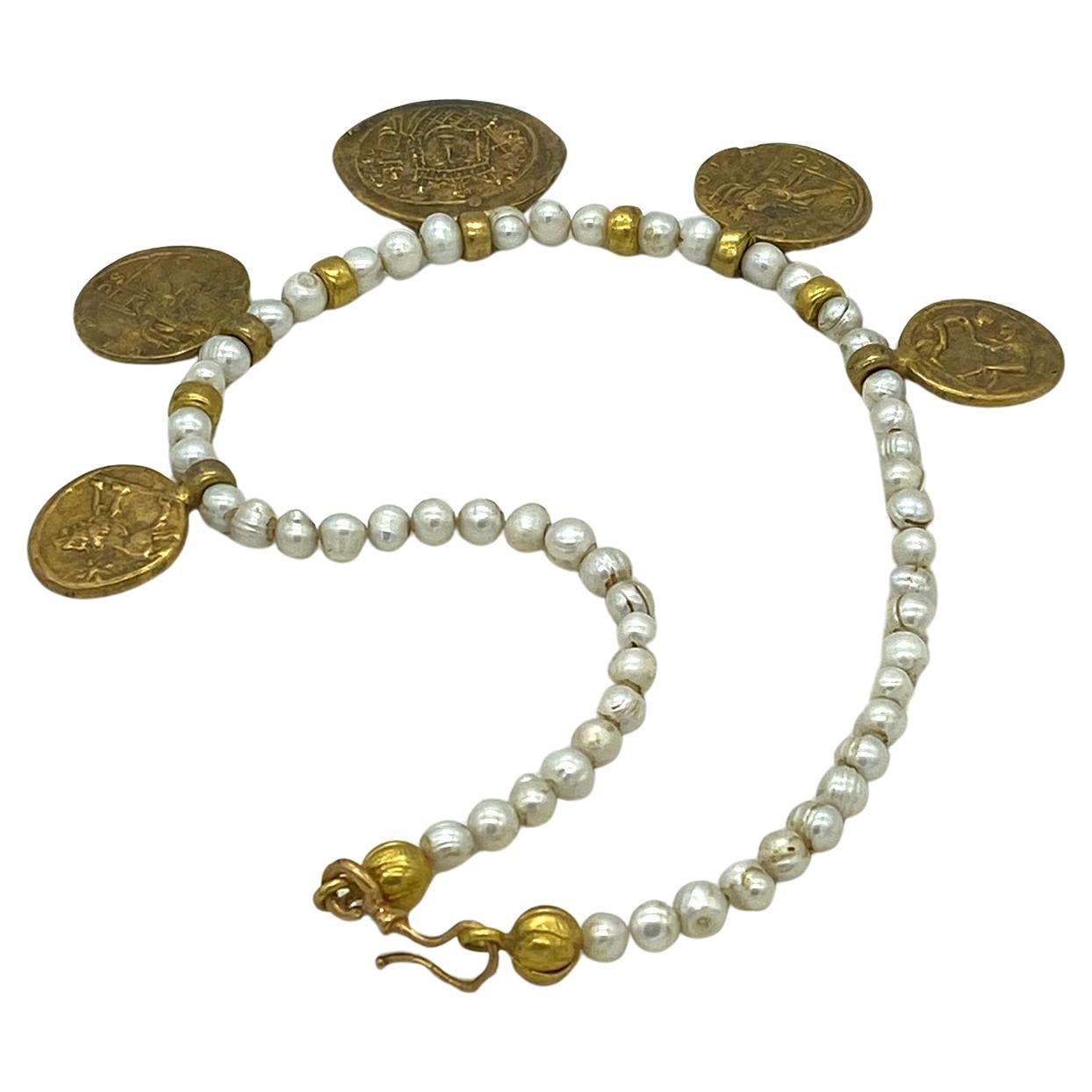 Bead Freshwater Pearl Necklace with Roman Coin Charms For Sale