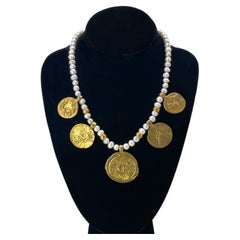 Artisan Freshwater Pearl Necklace with Gilt Roman Coin Charms