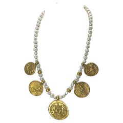 Artisan Freshwater Pearl Necklace with Gilt Roman Coin Charms