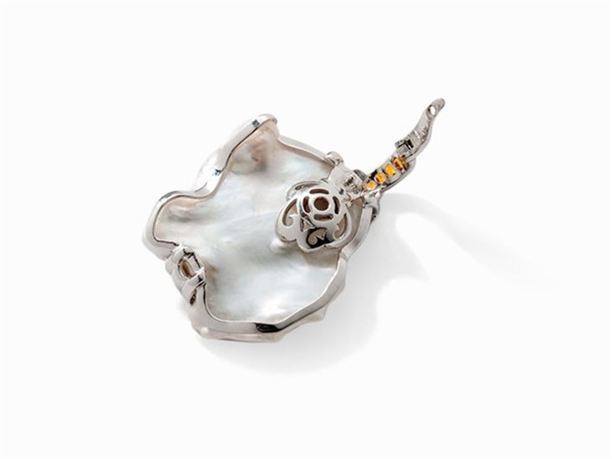 Modern Freshwater Pearl Pendant with Diamonds and Sapphires, 18 Karat White Gold