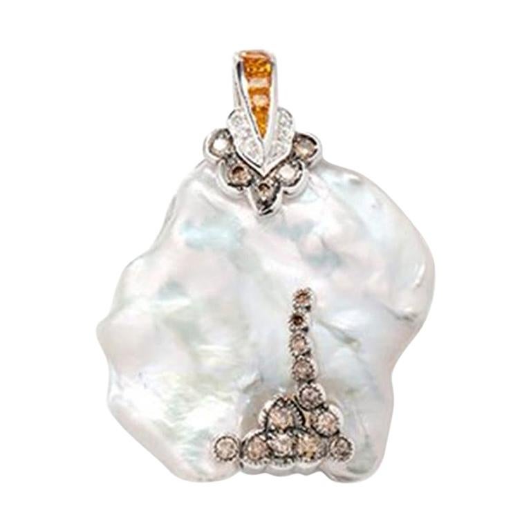 Freshwater Pearl Pendant with Diamonds and Sapphires, 18 Karat White Gold