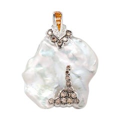 Freshwater Pearl Pendant with Diamonds and Sapphires, 18 Karat White Gold