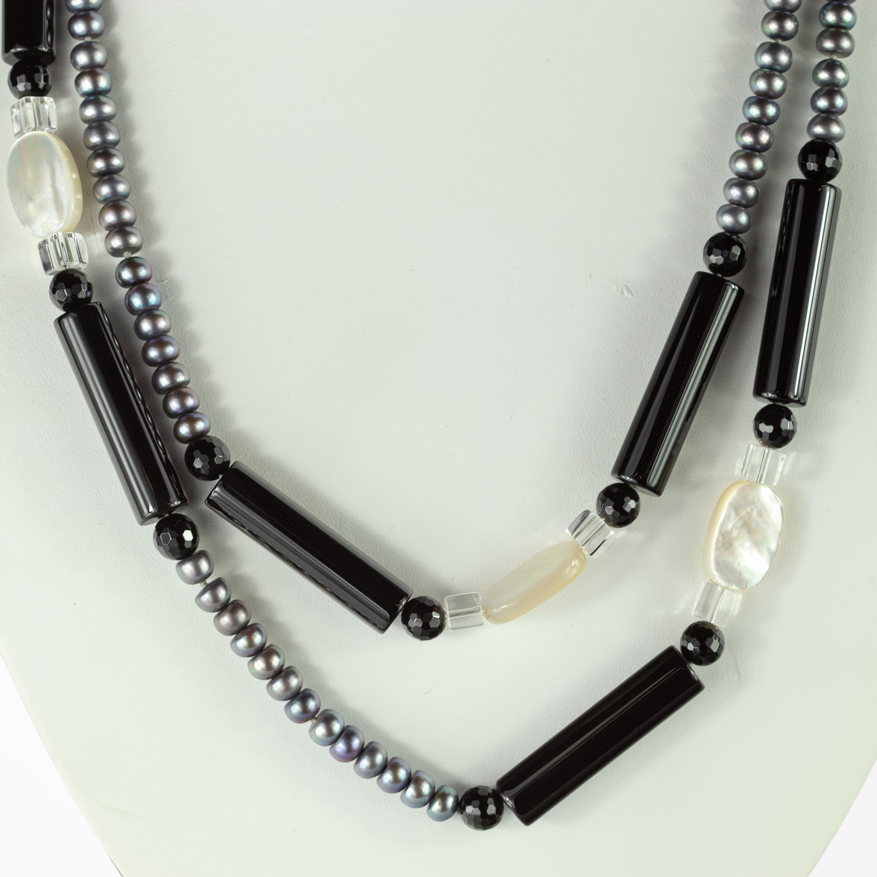 Round Cut Freshwater Pearl Rock Crystal Mother Pearl Beaded Long Wrap Around Deco Necklace For Sale