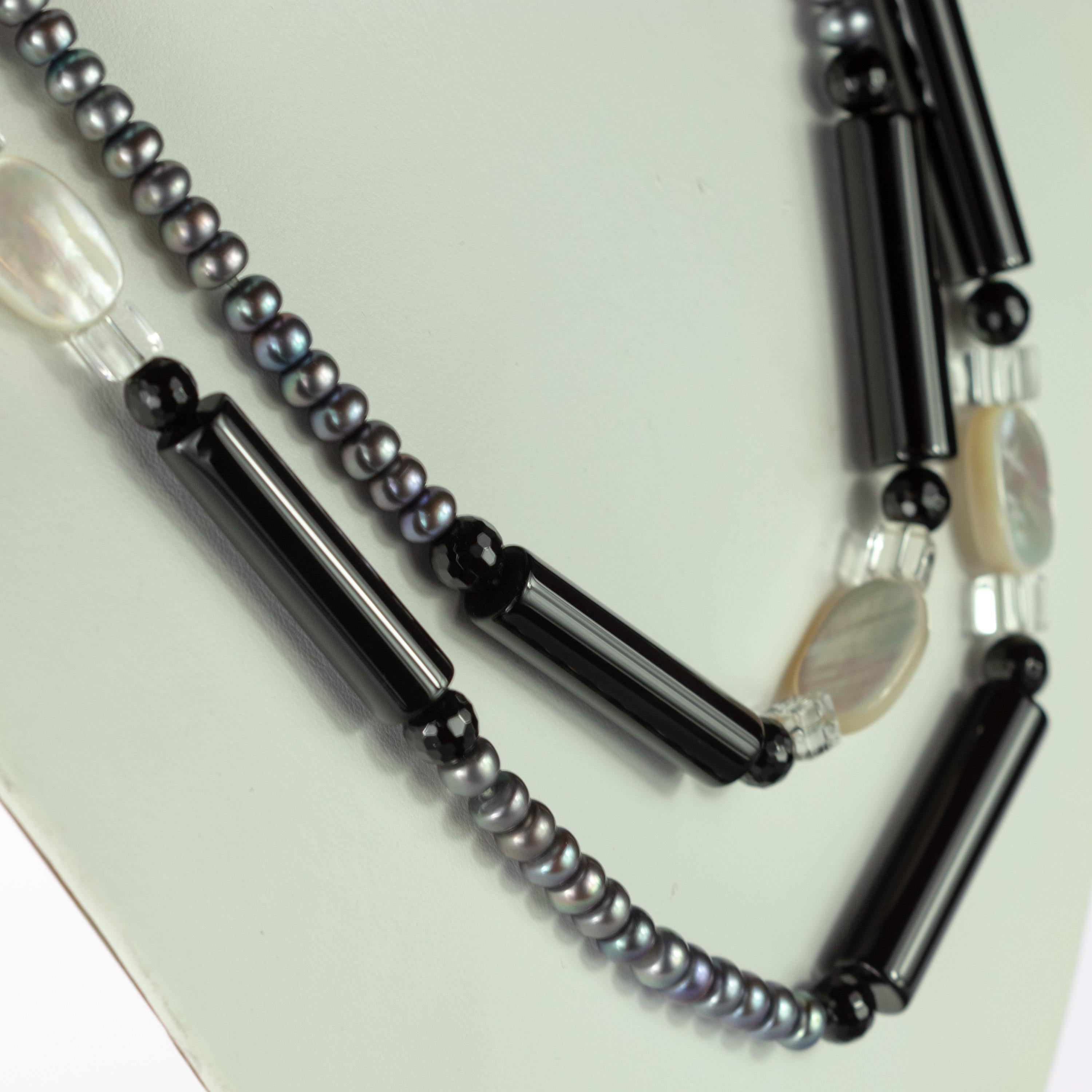 Freshwater Pearl Rock Crystal Mother Pearl Beaded Long Wrap Around Deco Necklace For Sale 3