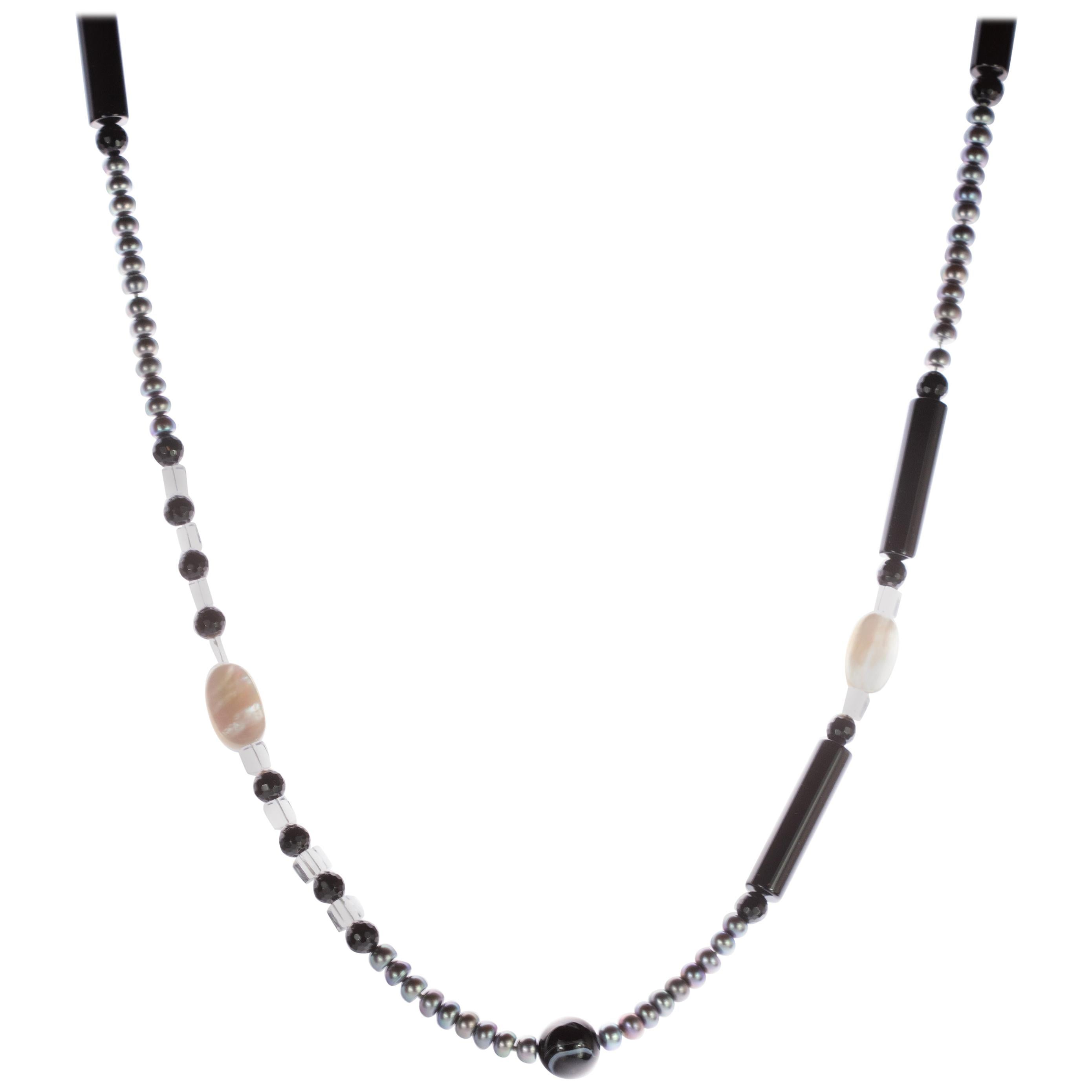 Freshwater Pearl Rock Crystal Mother Pearl Beaded Long Wrap Around Deco Necklace For Sale