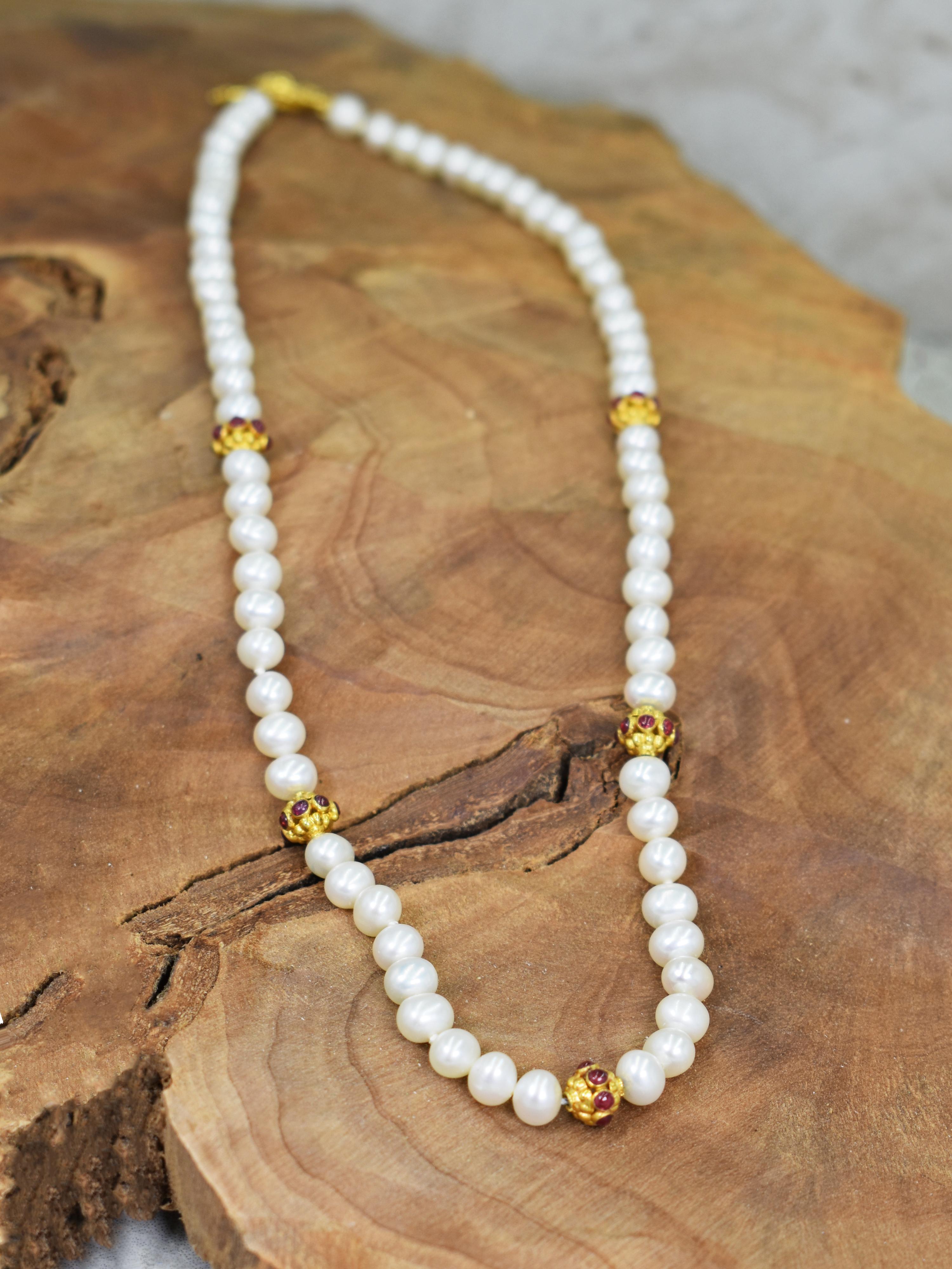 Contemporary Freshwater Pearl, Ruby and 22 Karat Gold Beaded Necklace For Sale