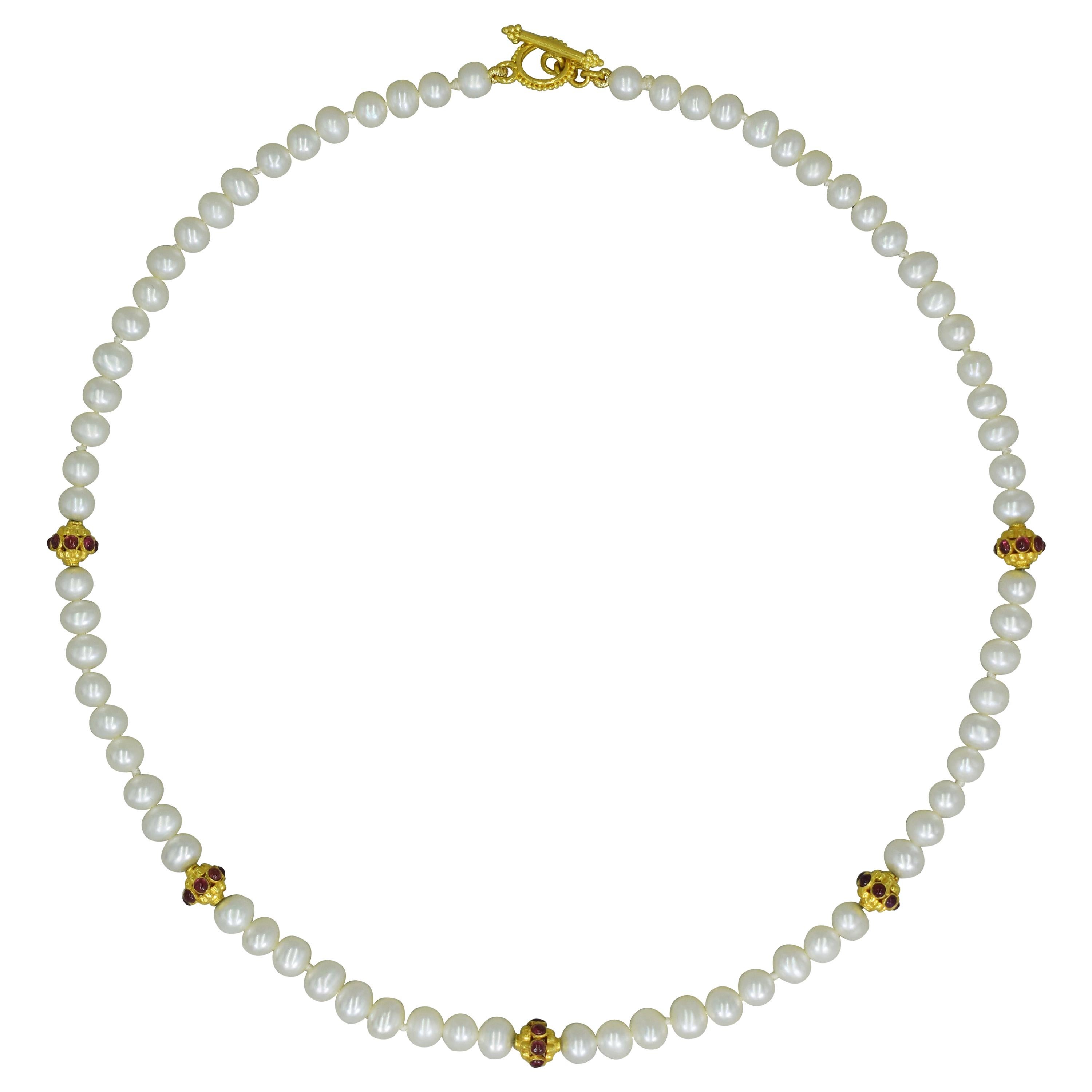 Freshwater Pearl, Ruby and 22 Karat Gold Beaded Necklace For Sale