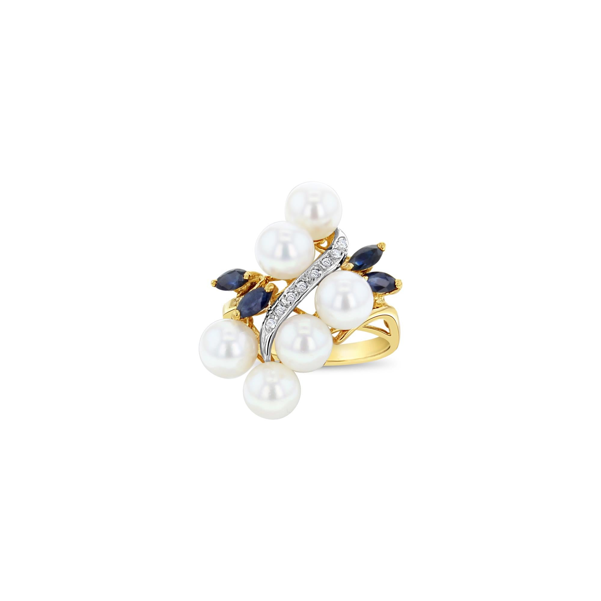 Anillo Racimo de Perlas de Agua Dulce, Zafiro y Diamantes Oro Amarillo 14k en Nuevo estado para la venta en Sugar Land, TX
