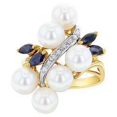 Anillo Racimo de Perlas de Agua Dulce, Zafiro y Diamantes Oro Amarillo 14k