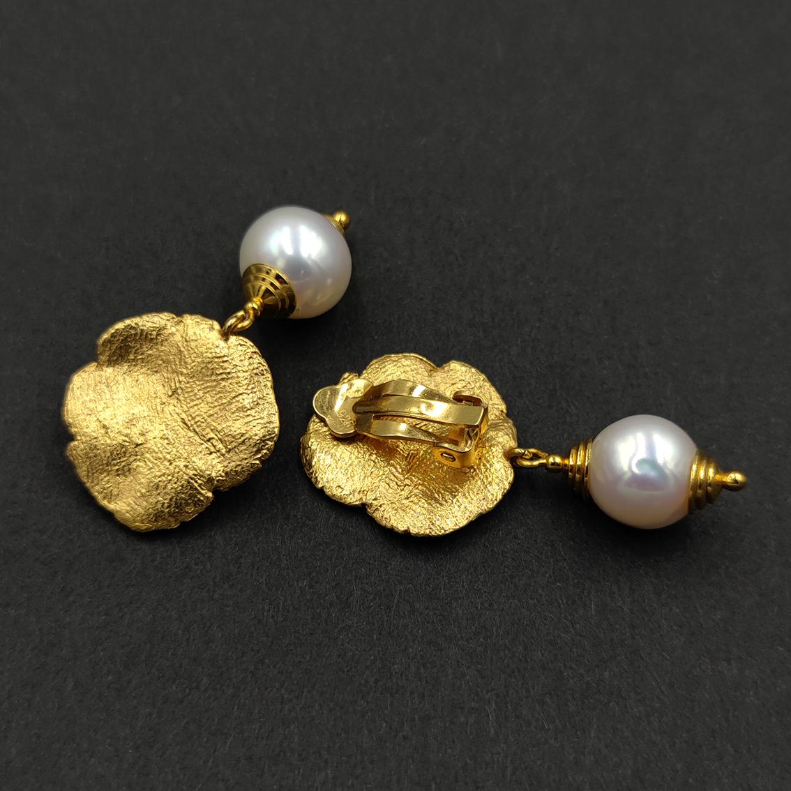 Women's Freshwater Pearl Silver Gold Plate Hand Made Artist Design Clip-On Earrings For Sale