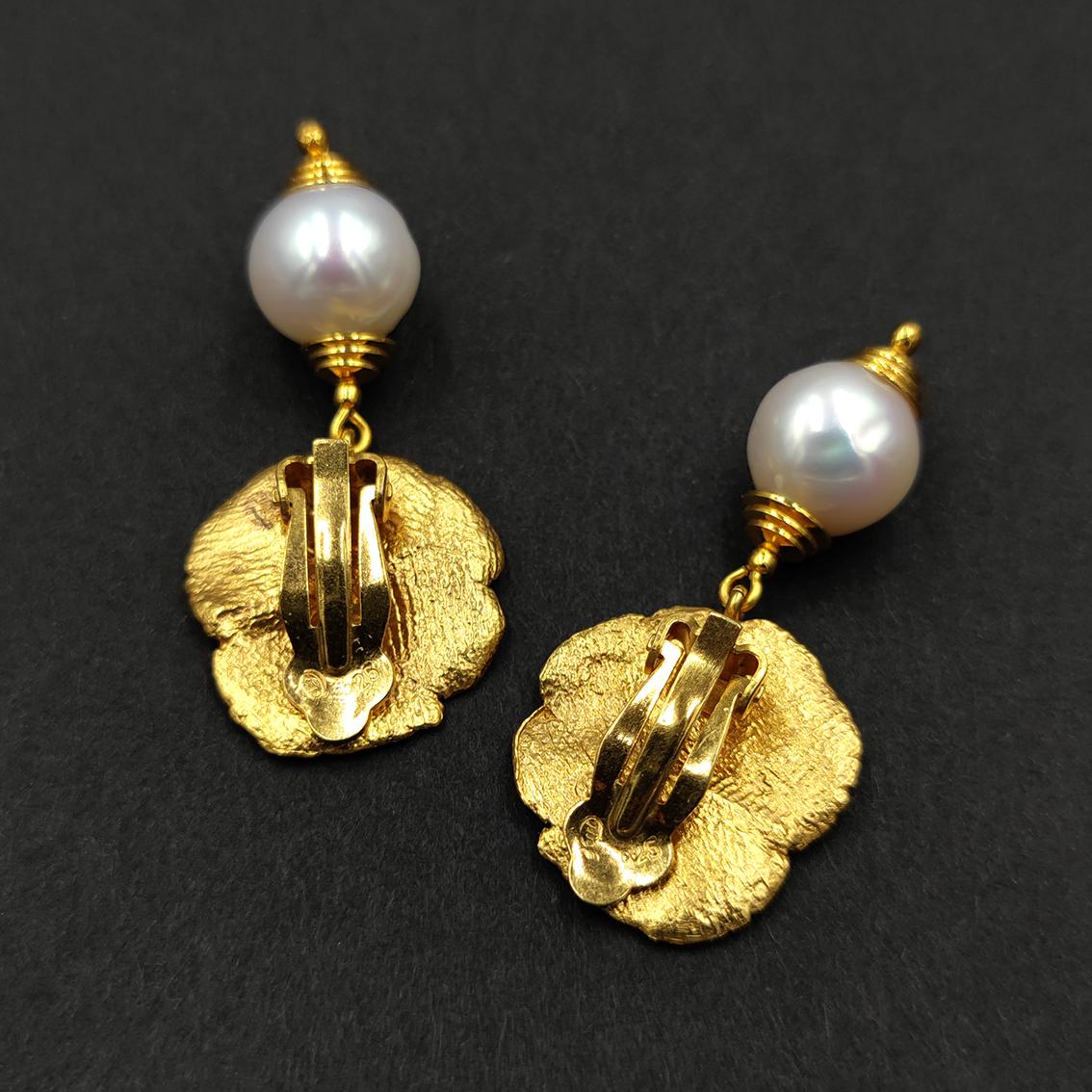 Freshwater Pearl Silver Gold Plate Hand Made Artist Design Clip-On Earrings For Sale 1