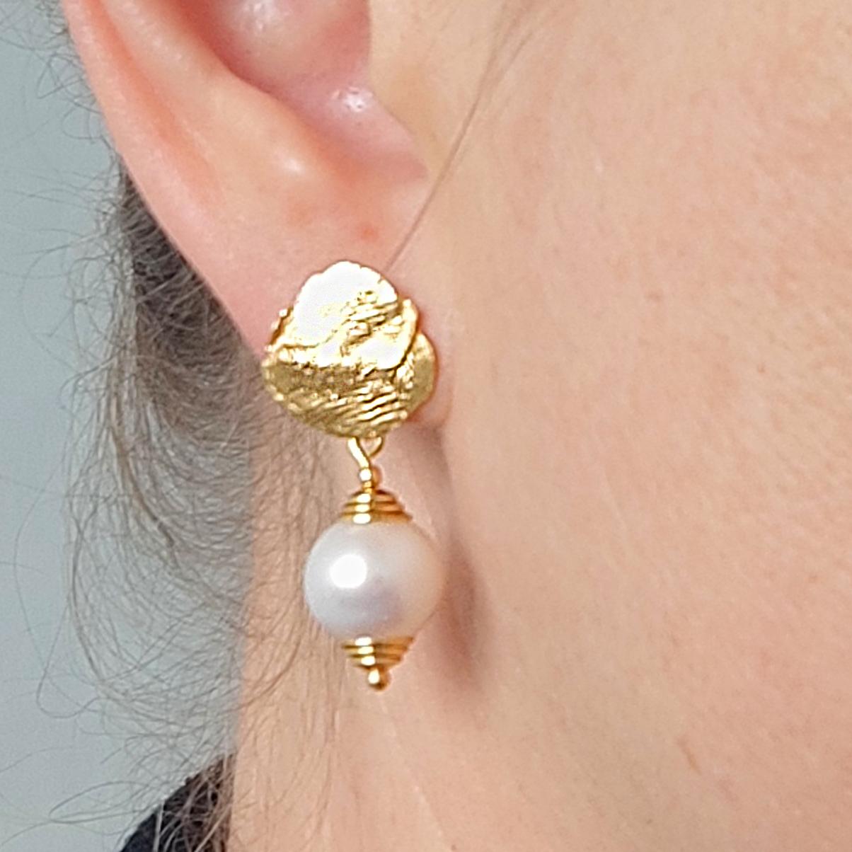 Freshwater Pearl Silver Gold Plate Hand Made Artist Design Stud Earrings For Sale 1