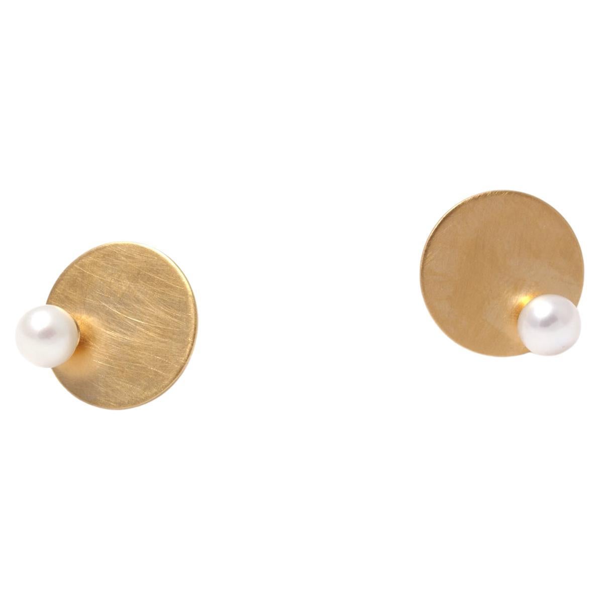 Round Cut Freshwater Pearl Sterling Silver Gold-Plated One or Two Disc Earrings For Sale