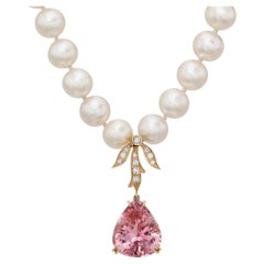 Vintage Freshwater Pearl Strand Necklace with 10.87ct Pink Tourmaline Pear By Merkaba
