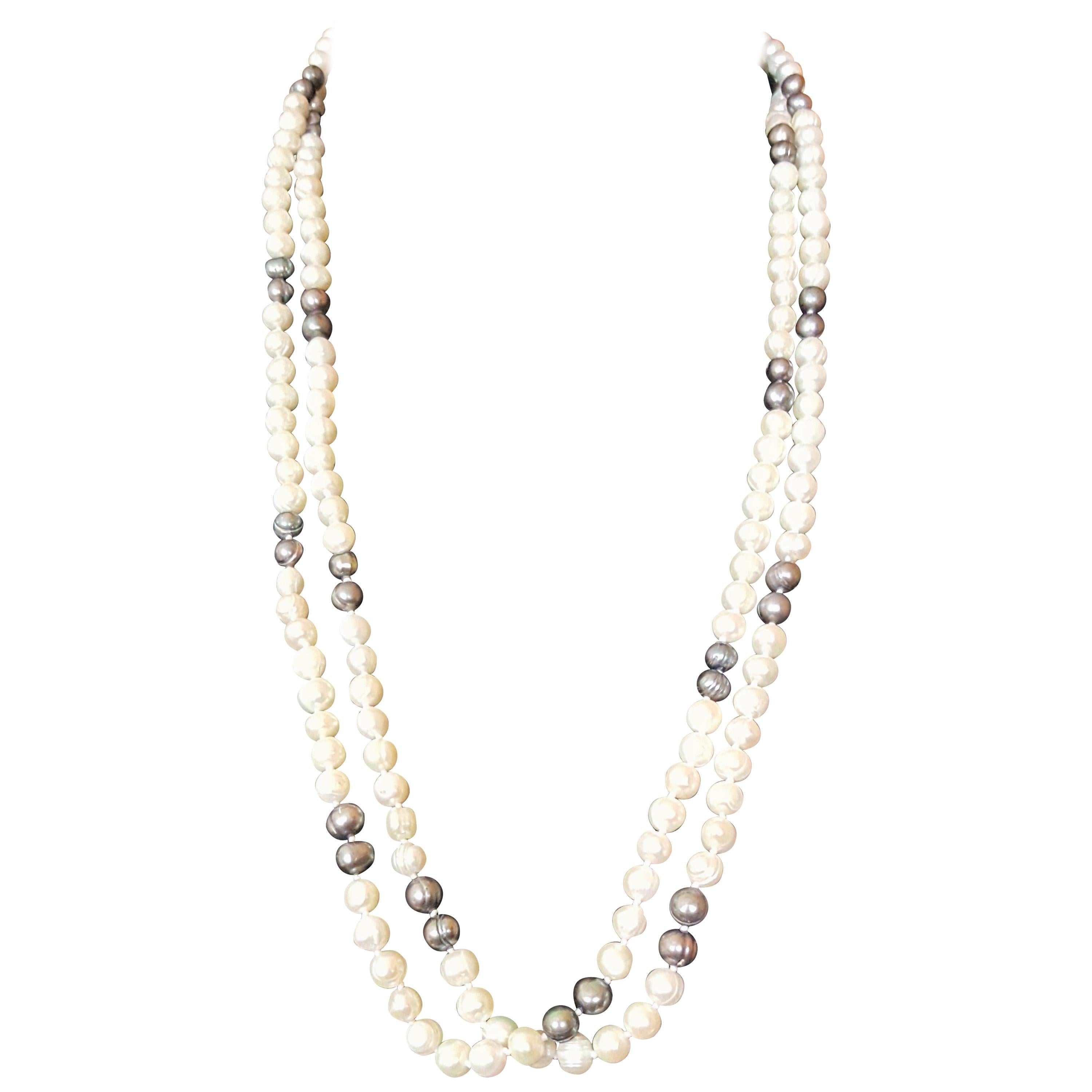 Freshwater Pearl Strand, White and Silver/Blue, Very Good, 62 inches, 7-8mm For Sale